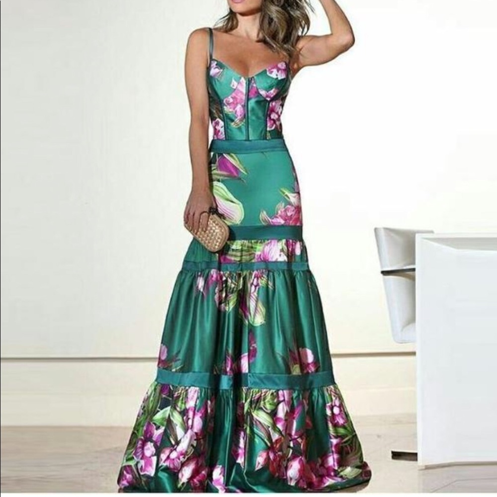 Green Floral Strap Maxi Dress for Wedding Events